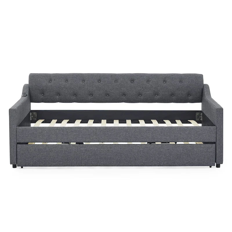 Canapé-lit/banquette capitonné(e) (avec lit gigogne relevable et port USB)