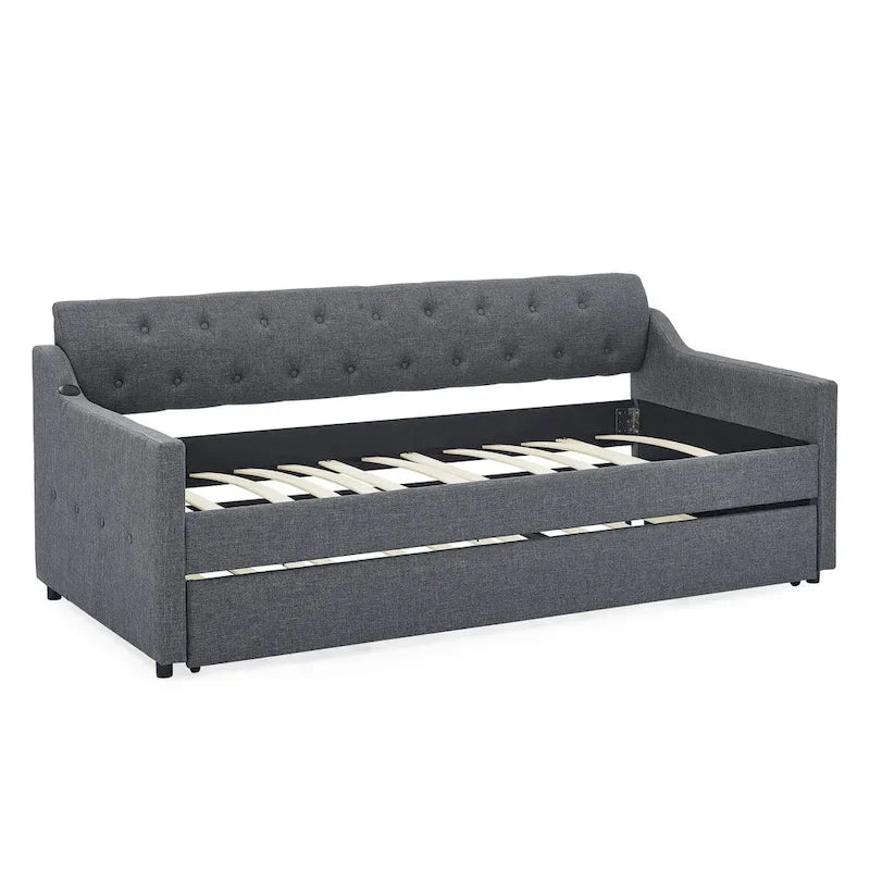 Canapé-lit/banquette capitonné(e) (avec lit gigogne relevable et port USB)