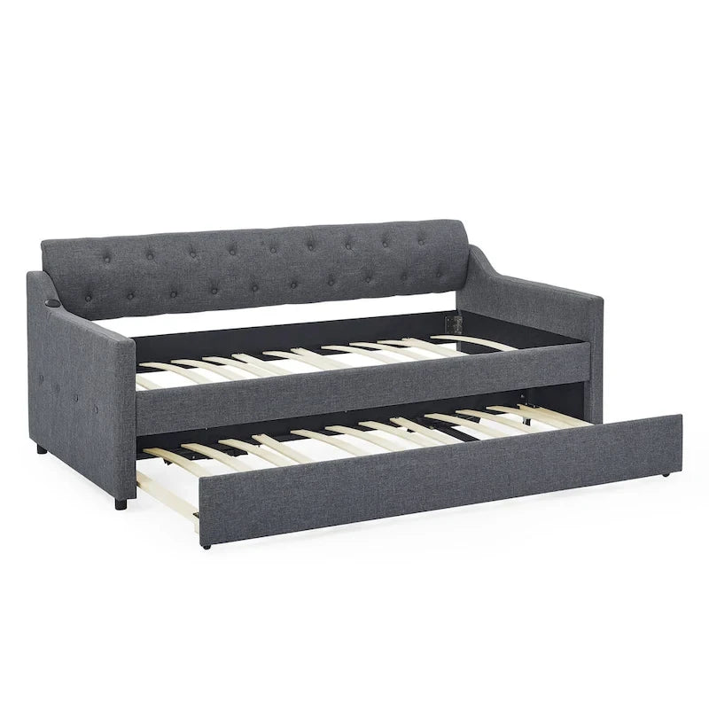 Canapé-lit/banquette capitonné(e) (avec lit gigogne relevable et port USB)