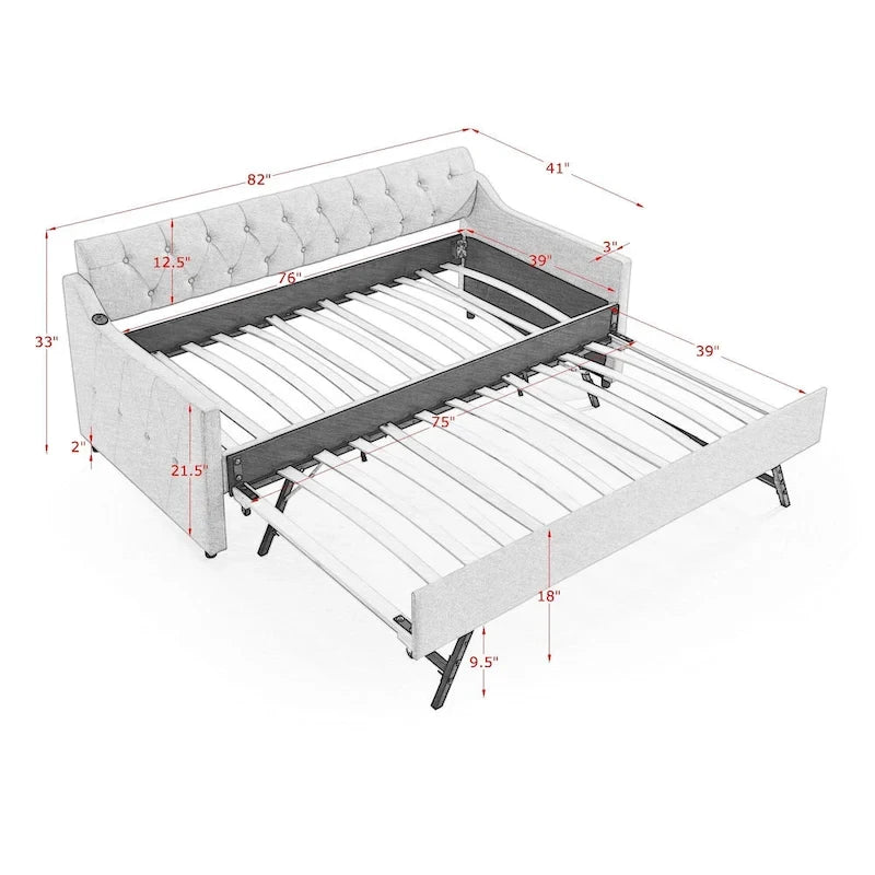 Canapé-lit/banquette capitonné(e) (avec lit gigogne relevable et port USB)