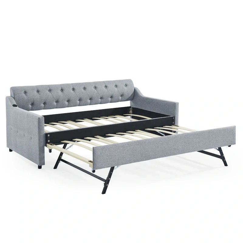 Canapé-lit/banquette capitonné(e) (avec lit gigogne relevable et port USB)