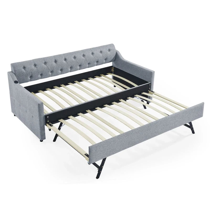 Canapé-lit/banquette capitonné(e) (avec lit gigogne relevable et port USB)