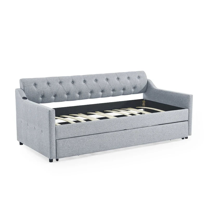Canapé-lit/banquette capitonné(e) (avec lit gigogne relevable et port USB)