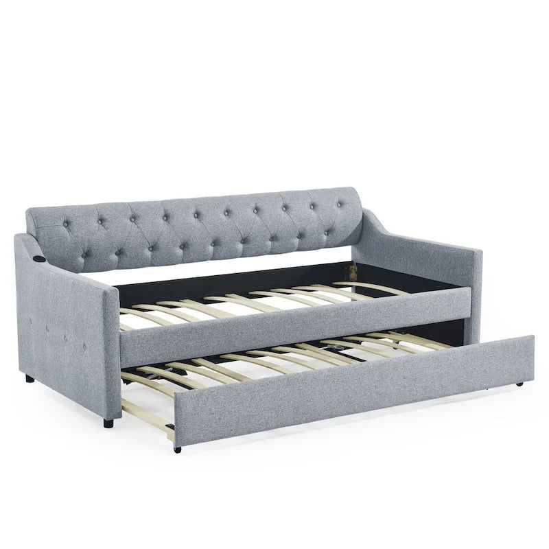 Canapé-lit/banquette capitonné(e) (avec lit gigogne relevable et port USB)