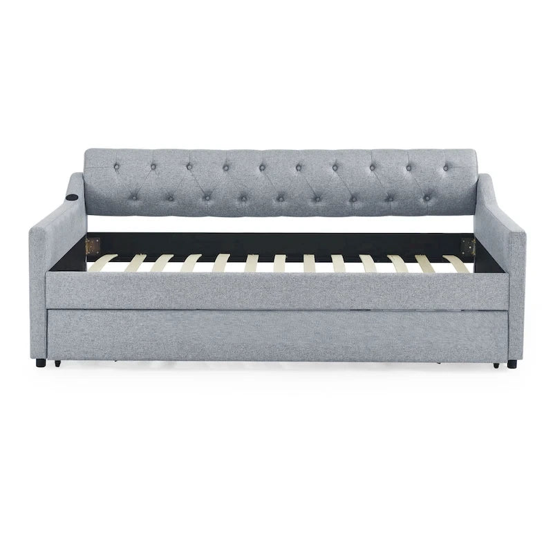 Canapé-lit/banquette capitonné(e) (avec lit gigogne relevable et port USB)