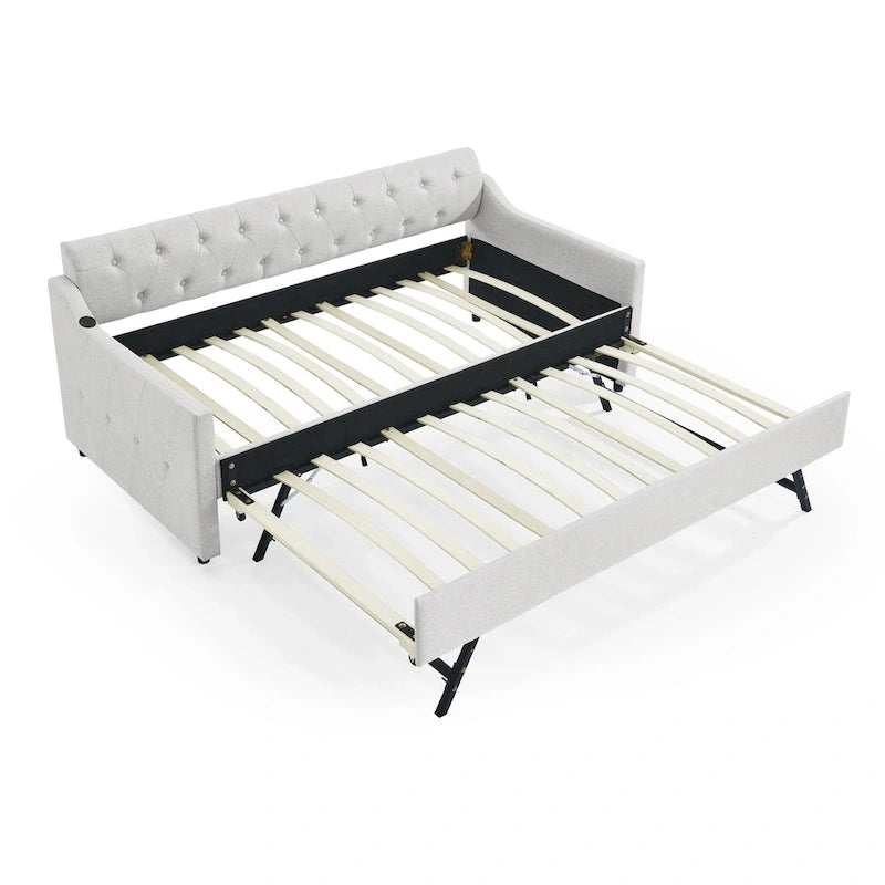 Canapé-lit/banquette capitonné(e) (avec lit gigogne relevable et port USB)