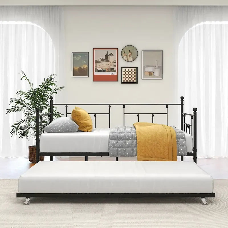 Twin Size Metal Daybed with Trundle for Kids or Guests