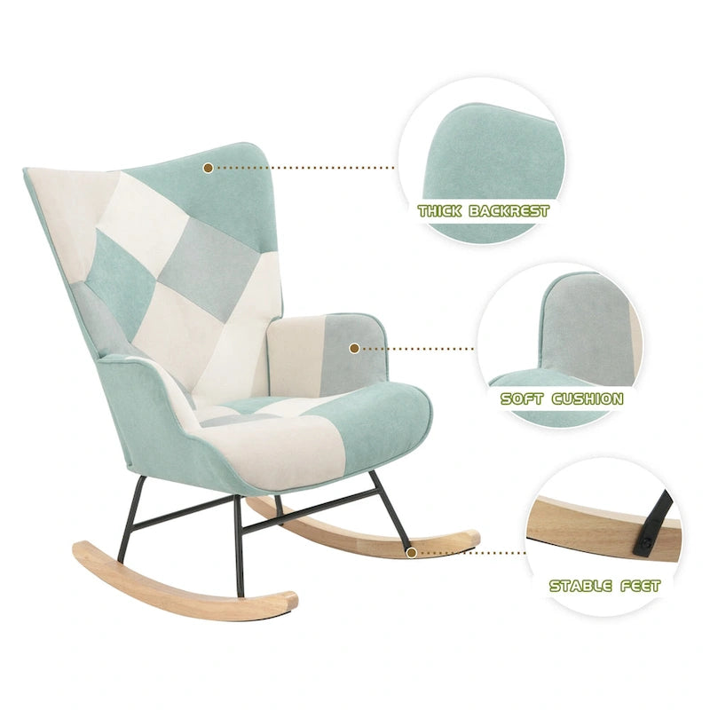 Fauteuil à bascule bleu au dossier haut, style moderne et rembourré