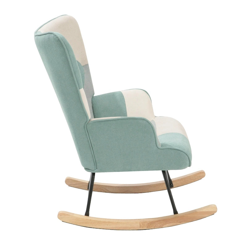 Fauteuil à bascule bleu au dossier haut, style moderne et rembourré