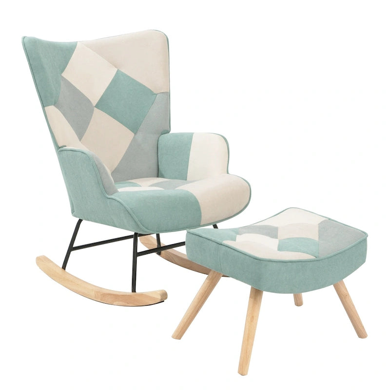 Fauteuil à bascule bleu au dossier haut, style moderne et rembourré