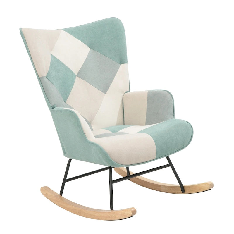 Fauteuil à bascule bleu au dossier haut, style moderne et rembourré