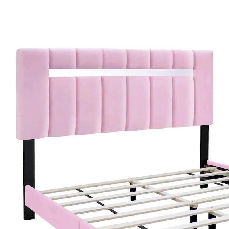 Cadre de lit en velours rose avec fonctionnalités réglables, collection Rose préférée des adolescentes