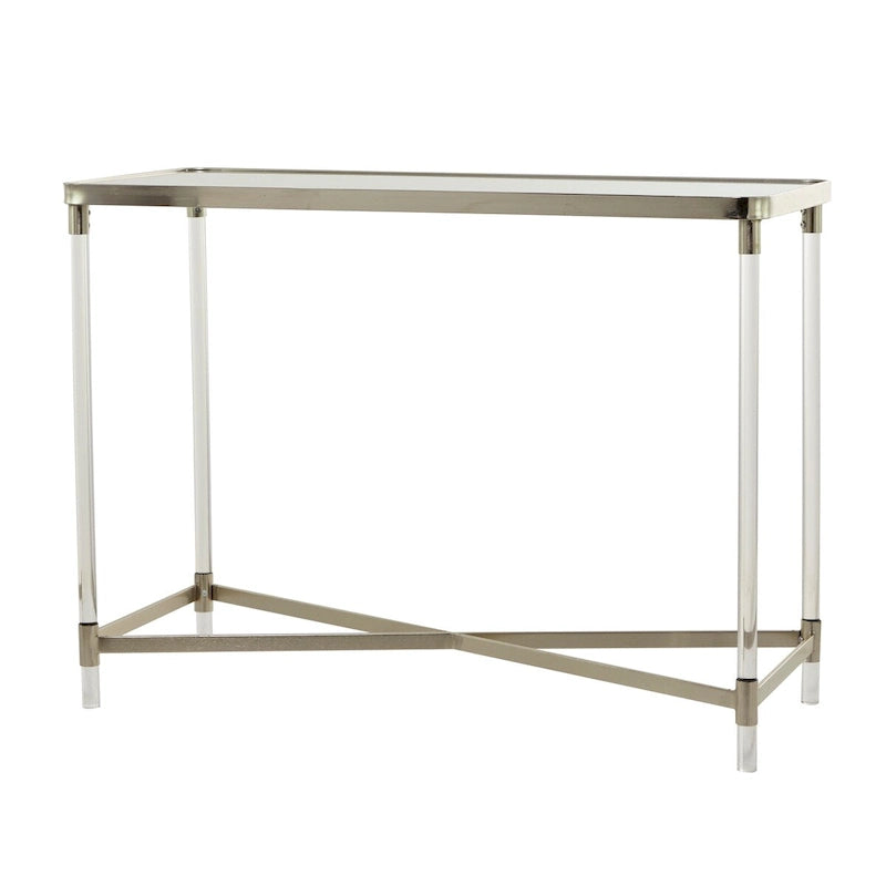 Table d'entrée en métal avec plateau miroir et pieds en acrylique.