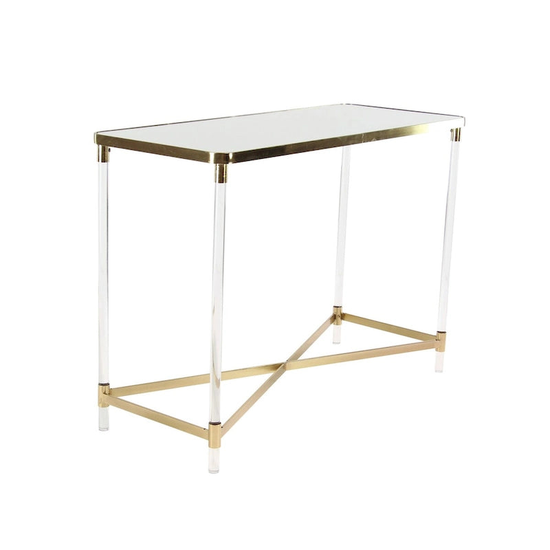 Table d'entrée en métal avec plateau miroir et pieds en acrylique.