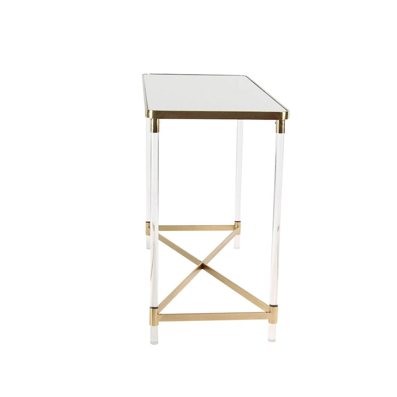 Table d'entrée en métal avec plateau miroir et pieds en acrylique.