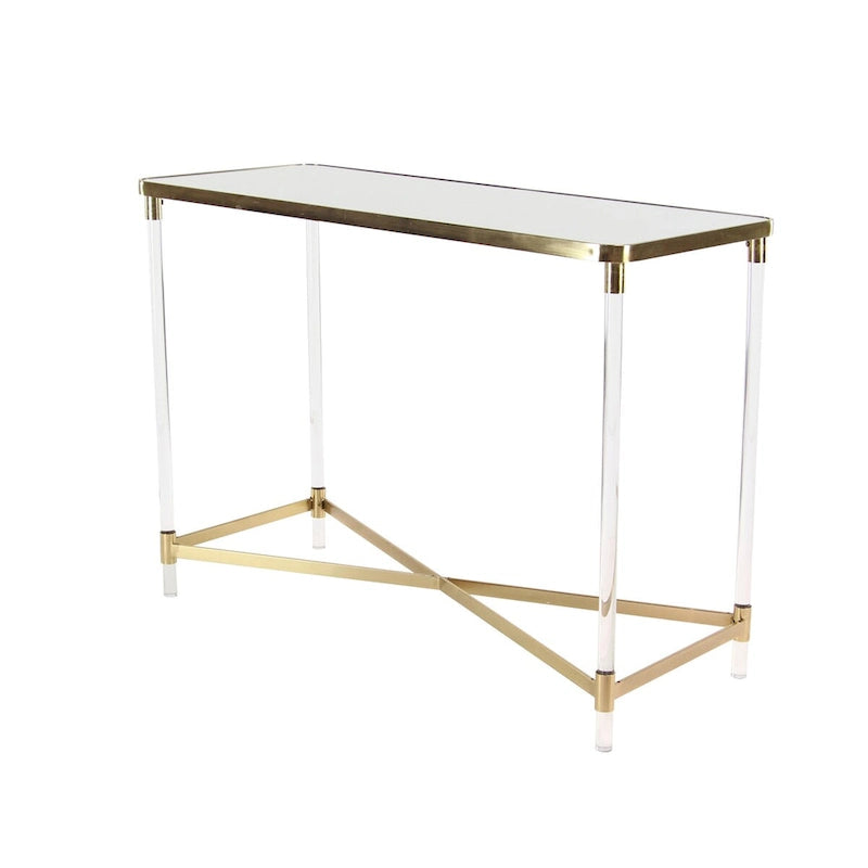 Table d'entrée en métal avec plateau miroir et pieds en acrylique.