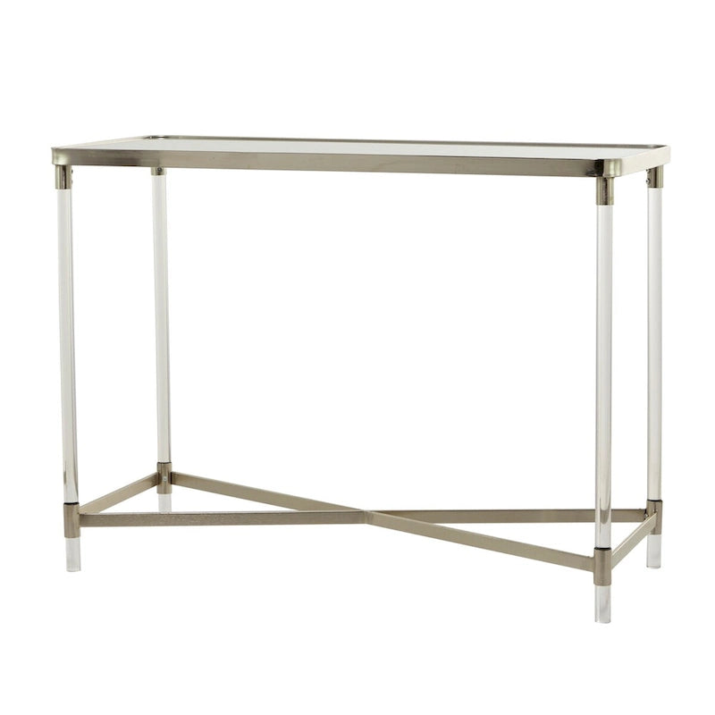 Table d'entrée en métal avec plateau miroir et pieds en acrylique.