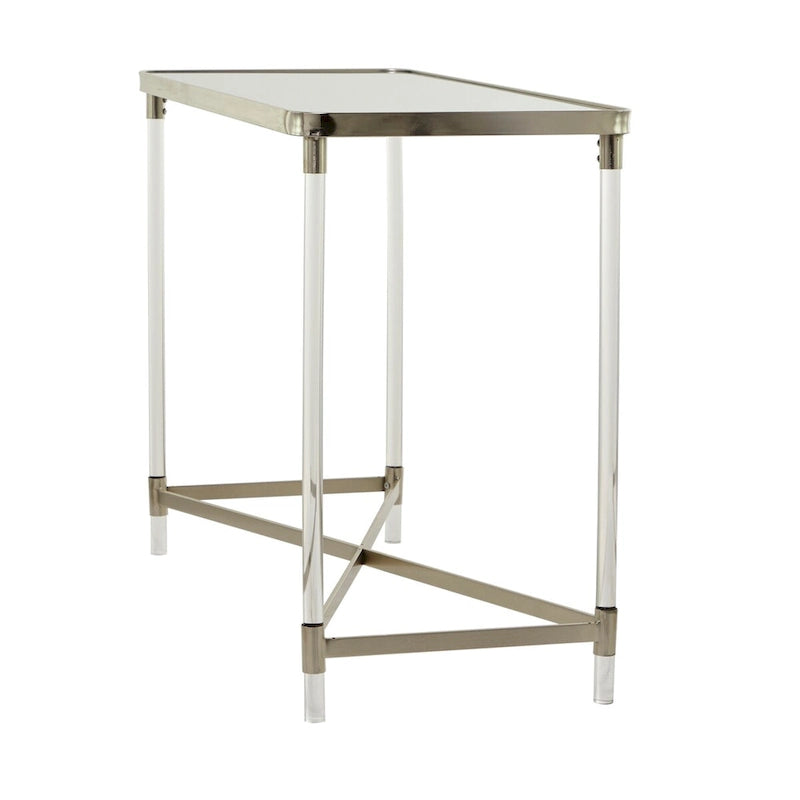 Table d'entrée en métal avec plateau miroir et pieds en acrylique.