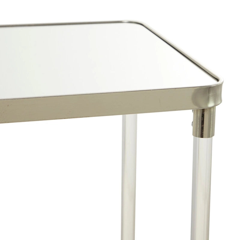 Table d'entrée en métal avec plateau miroir et pieds en acrylique.